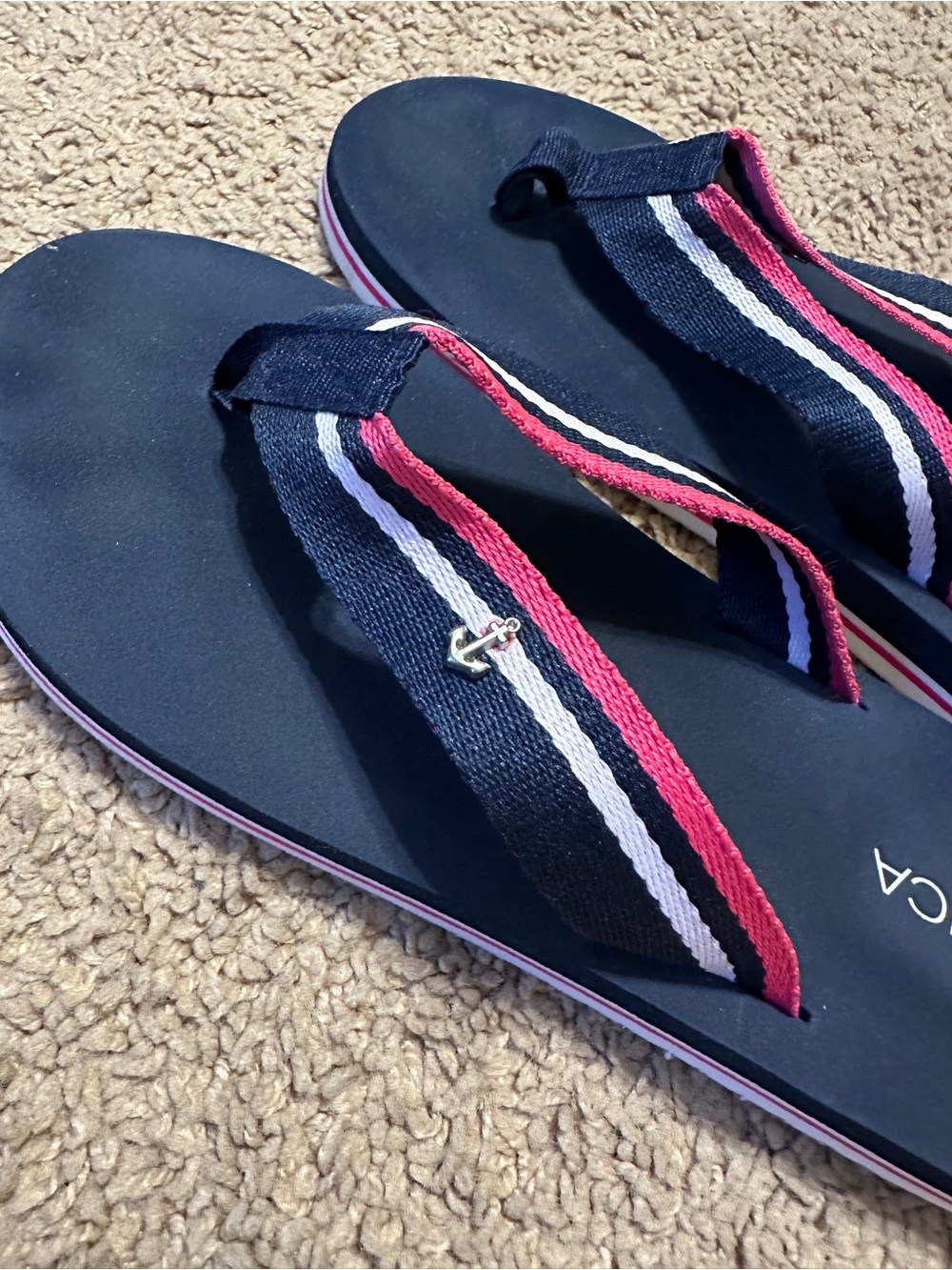 Nautica Navy Flip Flops with Pink and White Striped Webbing - Picture 2 of 4